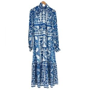Christina Berla/Berla Couture 100% Silk Shifon Blue/ White Maxi dress with belt